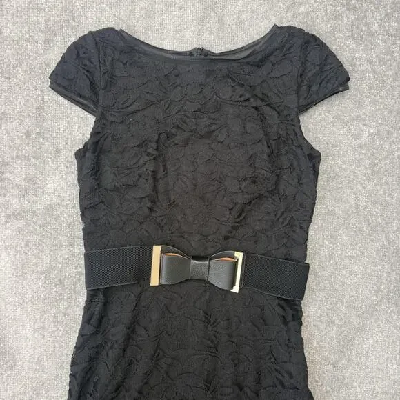 Joseph Ribkoff Dress Womens 8 Black Lace Fit Flare Belted Ruffle Hem Knee Length - Picture 2 of 11